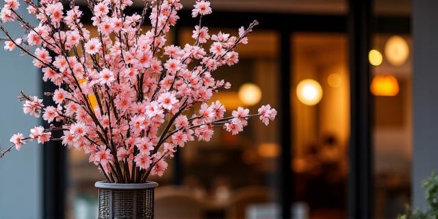 レストラン入り口を彩る季節の枝物と花のディスプレイ